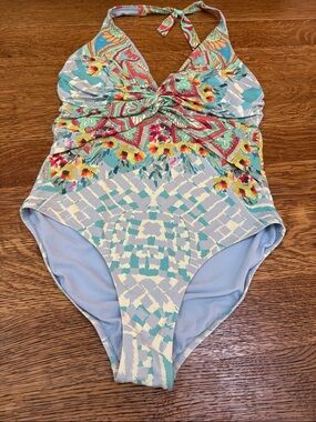Johnny Was Light Blue Floral Halter One-Piece Swimsuit